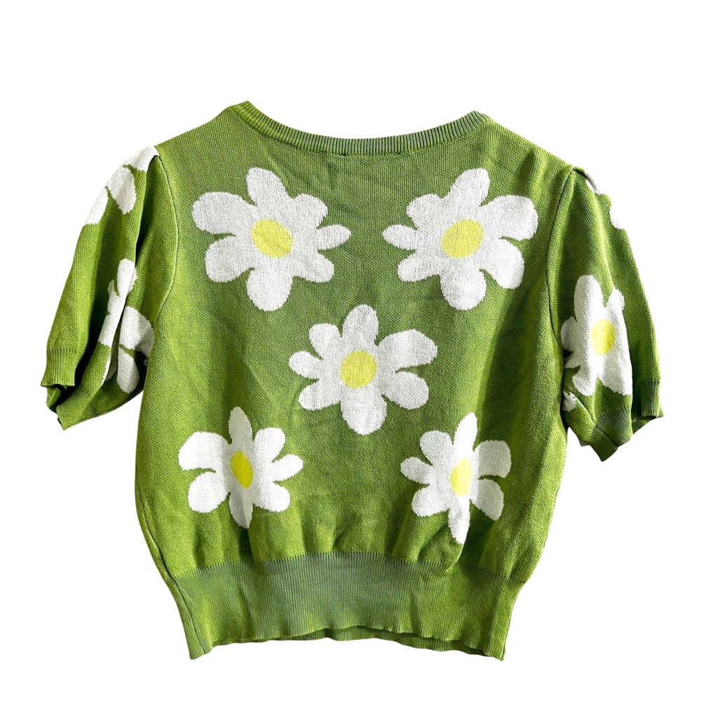 Forever 21 Kids Girls Green Daisy Floral Puff Sleeve Knit Sweater Top Size L - Picture 2 of 5